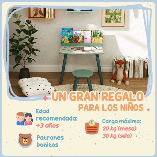 Aiyaplay Mesa Y Silla Infantiles De 2 Piezas Con Estante Para Libros Verde