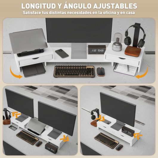 Homcom Elevador Monitor Ángulo y Longitud Ajustable con 2 Cajones Blanco