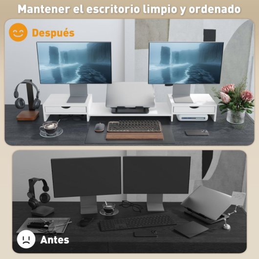 Homcom Elevador Monitor Ángulo y Longitud Ajustable con 2 Cajones Blanco