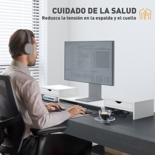 Homcom Elevador Monitor Ángulo y Longitud Ajustable con 2 Cajones Blanco