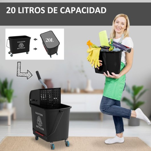 Homcom Cubo De Fregona Con Ruedas Y Escurridor De Presión Capacidad De 20 L