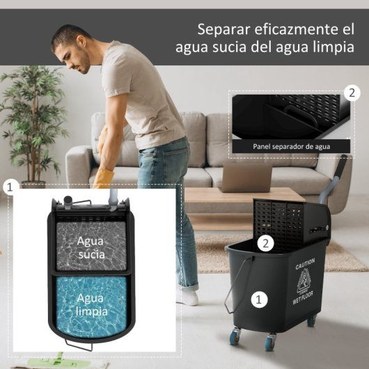 Homcom Cubo De Fregona Con Ruedas Y Escurridor De Presión Capacidad De 20 L
