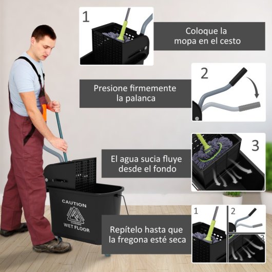 Homcom Cubo De Fregona Con Ruedas Y Escurridor De Presión Capacidad De 20 L
