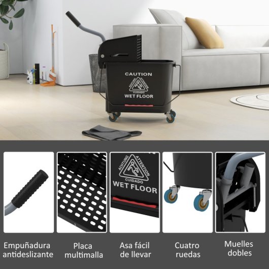 Homcom Cubo De Fregona Con Ruedas Y Escurridor De Presión Capacidad De 20 L