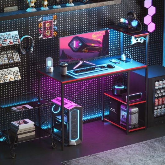 Homcom Mesa Gaming con Luces LED 110x50cm Superficie de Fibra de Carbono Negro