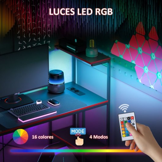 Homcom Mesa Gaming con Luces LED 110x50cm Superficie de Fibra de Carbono Negro