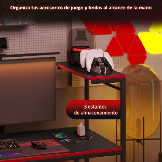 Homcom Mesa Gaming con Luces LED 110x50cm Superficie de Fibra de Carbono Negro