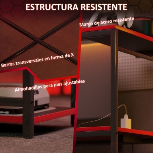 Homcom Mesa Gaming con Luces LED 110x50cm Superficie de Fibra de Carbono Negro