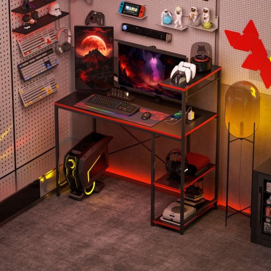 Homcom Mesa Gaming con Luces LED 110x50cm Superficie de Fibra de Carbono Negro