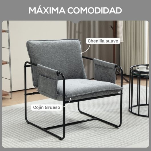 Homcom Butaca De Salón Con Bolsillos Laterales Carga 120 Kg Gris