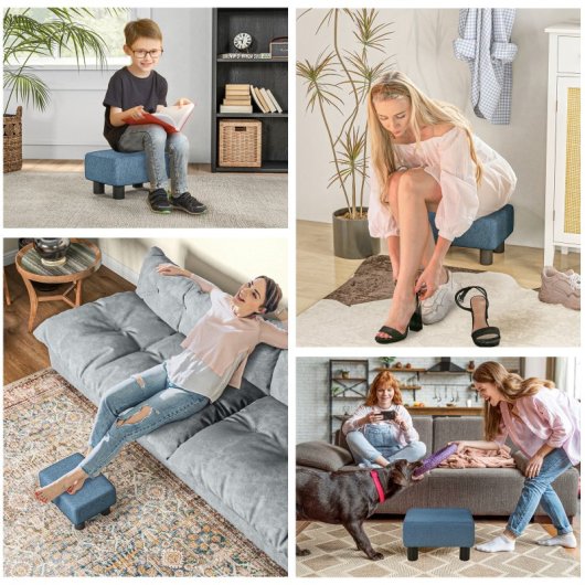 Homcom Reposapiés Salón De Tela De Lino Con Asiento Acolchado Patas Azul Oscuro