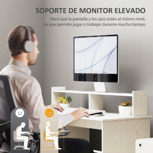 Homcom Escritorio con Estantería con Soporte Para Monitor 108x50x94cm Crema