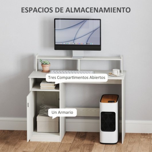 Homcom Escritorio con Estantería con Soporte Para Monitor 108x50x94cm Crema