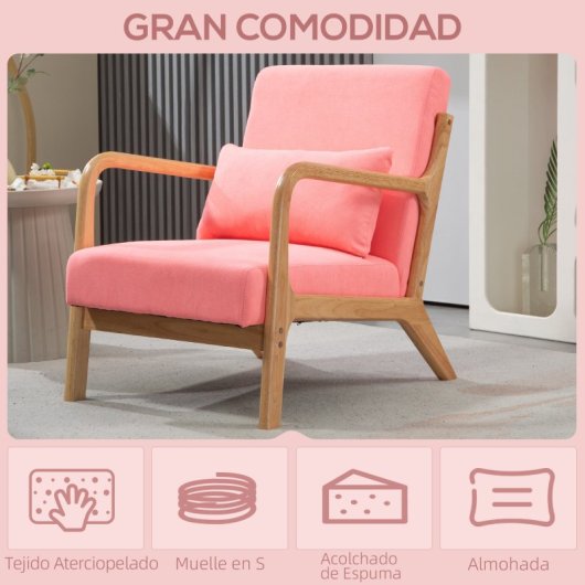 Homcom Butaca Nórdica Con Reposabrazos Cojín Carga 120 Kg 61x78x76 Cm Rosa