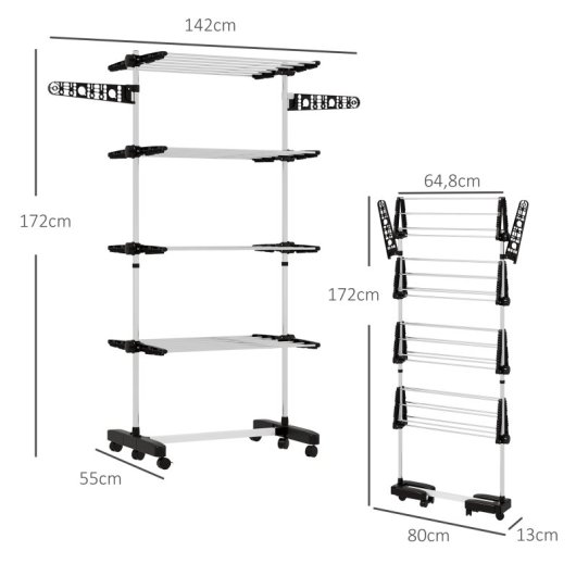 Homcom Tendedero Vertical Plegable de 4 Niveles con 6 Ruedas Negro y Plata