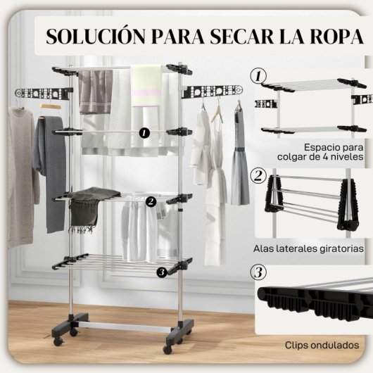 Homcom Tendedero Vertical Plegable de 4 Niveles con 6 Ruedas Negro y Plata