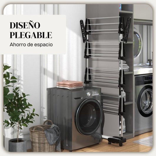 Homcom Tendedero Vertical Plegable de 4 Niveles con 6 Ruedas Negro y Plata