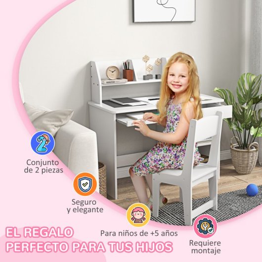 Zonekiz Juego De Escritorio Y Silla Para Niños De +5 Años Con 2 Cajones Blanco