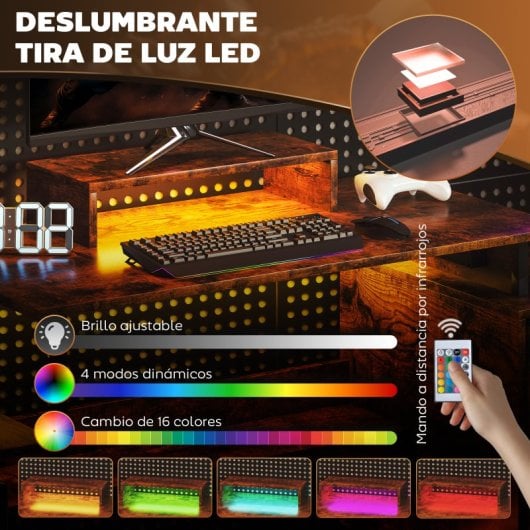Homcom Escritorio con Luces LED Estación de Carga 142x50x126.5cm Marrón Rústico