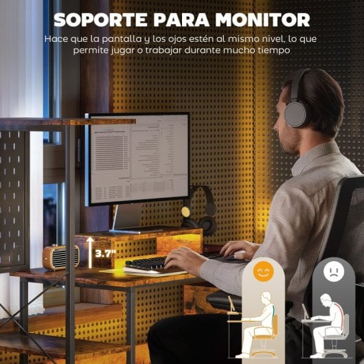 Homcom Escritorio con Luces LED Estación de Carga 142x50x126.5cm Marrón Rústico