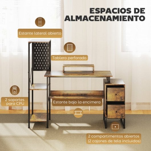 Homcom Escritorio con Luces LED Estación de Carga 142x50x126.5cm Marrón Rústico