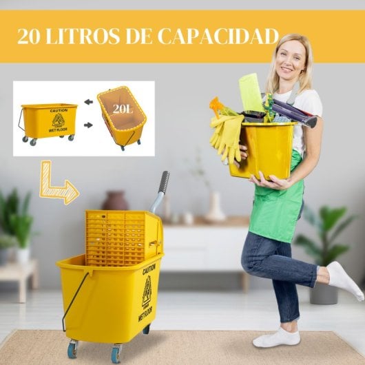 Homcom Cubo De Fregona Con Ruedas Capacidad De 20 L Mopa Amarillo