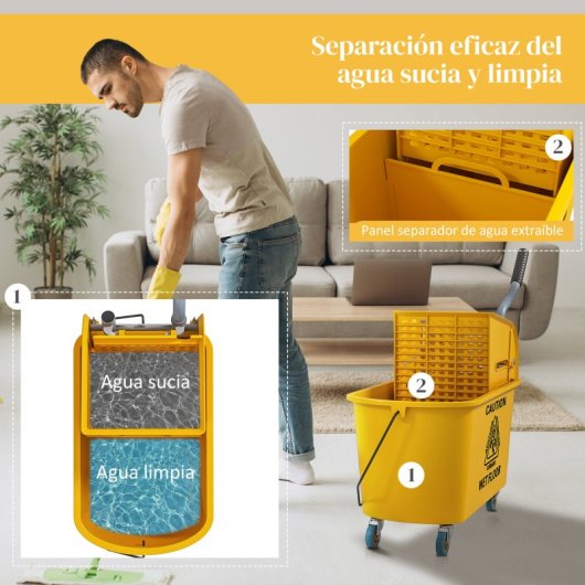Homcom Cubo De Fregona Con Ruedas Capacidad De 20 L Mopa Amarillo