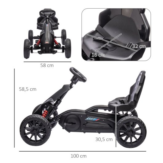Homcom Kart Pedales Para Niños De 3-8 Años Con Asiento Ajustable Negro