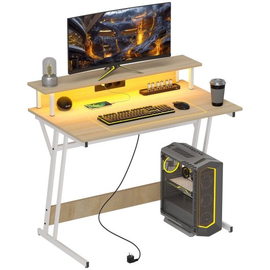 Homcom Mesa Gaming Com Luzes Led 100x60 Cm Com Tomadas Elétricas Natural