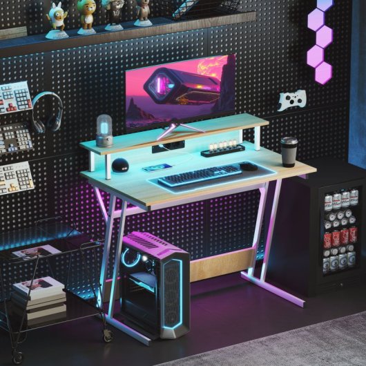 Homcom Mesa Gaming Com Luzes Led 100x60 Cm Com Tomadas Elétricas Natural