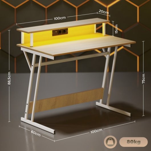 Homcom Mesa Gaming Com Luzes Led 100x60 Cm Com Tomadas Elétricas Natural