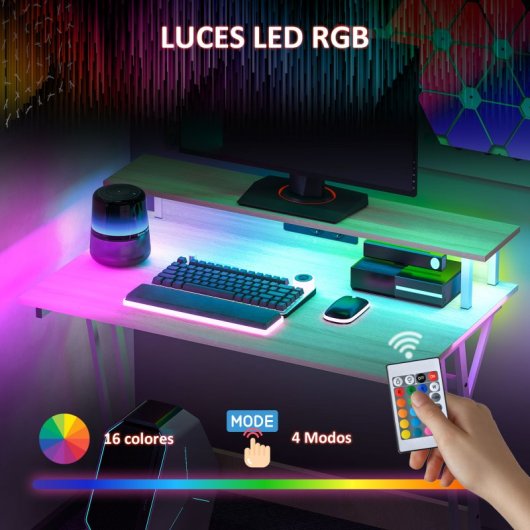 Homcom Mesa Gaming Com Luzes Led 100x60 Cm Com Tomadas Elétricas Natural