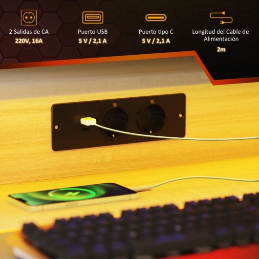 Homcom Mesa Gaming Com Luzes Led 100x60 Cm Com Tomadas Elétricas Natural