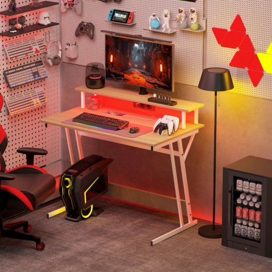 Homcom Mesa Gaming Com Luzes Led 100x60 Cm Com Tomadas Elétricas Natural