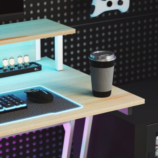 Homcom Mesa Gaming Com Luzes Led 100x60 Cm Com Tomadas Elétricas Natural