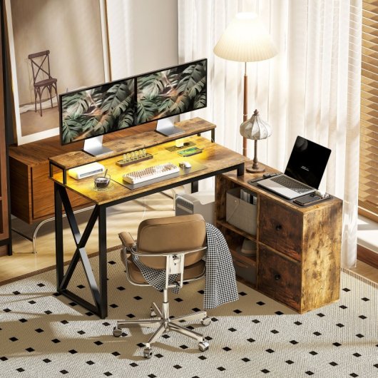 Homcom Escritorio Esquinero Con Luces LED Estación de Carga Marrón Rústico