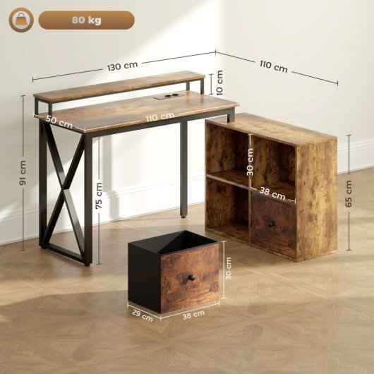 Homcom Escritorio Esquinero Con Luces LED Estación de Carga Marrón Rústico