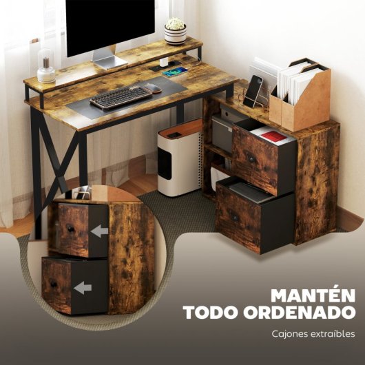 Homcom Escritorio Esquinero Con Luces LED Estación de Carga Marrón Rústico