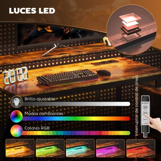 Homcom Escritorio Esquinero Con Luces LED Estación de Carga Marrón Rústico