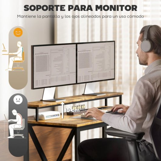 Homcom Escritorio Esquinero Con Luces LED Estación de Carga Marrón Rústico