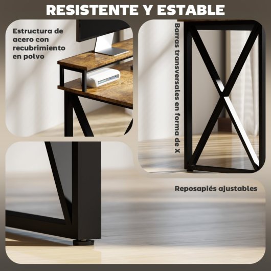 Homcom Escritorio Esquinero Con Luces LED Estación de Carga Marrón Rústico