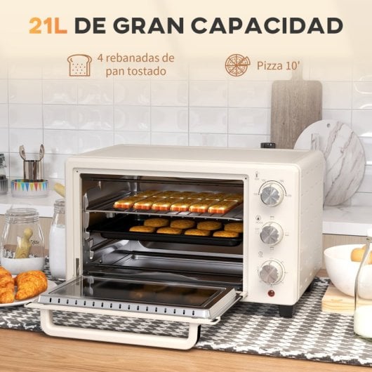 Homcom Forno Elétrico De Bancada De 21l 1400w Com Temporizador Creme