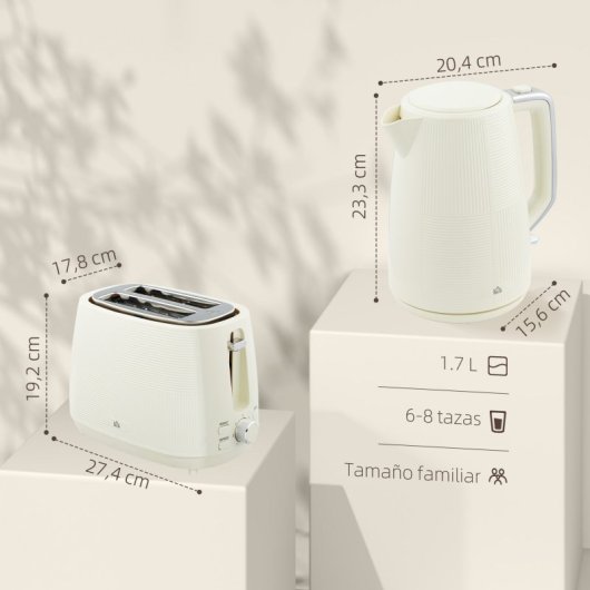 Homcom Tostador Para 2 Rebanadas y Hervidor 2200W 1.7L Crema