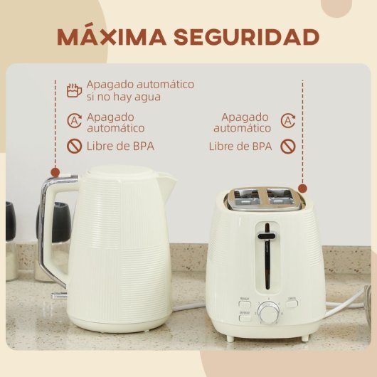 Homcom Tostador Para 2 Rebanadas y Hervidor 2200W 1.7L Crema