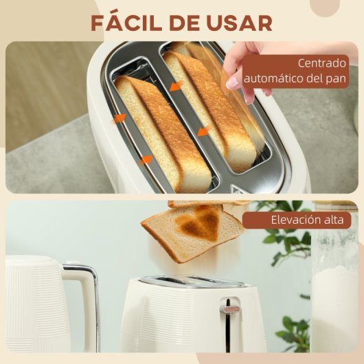 Homcom Tostador Para 2 Rebanadas y Hervidor 2200W 1.7L Crema