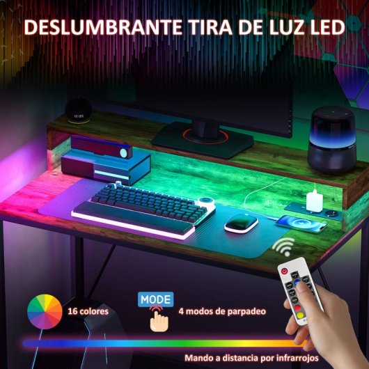 Homcom Mesa De Escritorio Con Luces LED 100x50x90.5cm Marrón Rústico