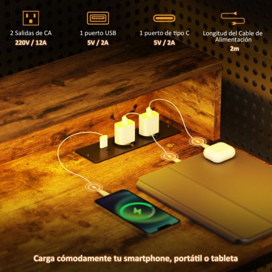 Homcom Mesa De Escritorio Con Luces LED 100x50x90.5cm Marrón Rústico