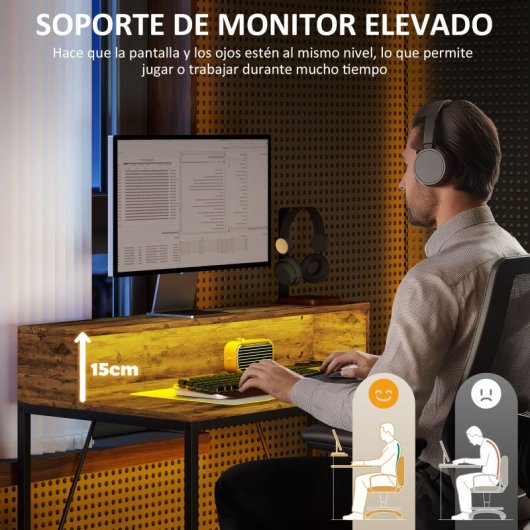 Homcom Mesa De Escritorio Con Luces LED 100x50x90.5cm Marrón Rústico