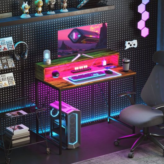 Homcom Mesa De Escritorio Con Luces LED 100x50x90.5cm Marrón Rústico