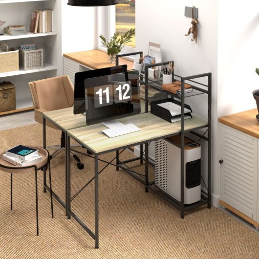 Homcom Secretária Com Prateleiras Reversíveis 110x53x115,5 Cm Carvalho e Preto